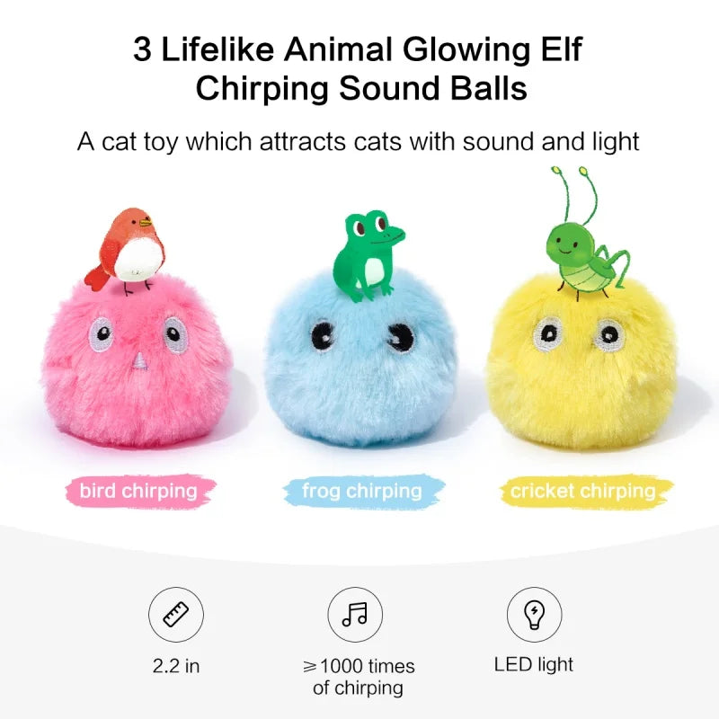 Three colorful cat toys shaped like animals with glowing lights and sound features on a white background.